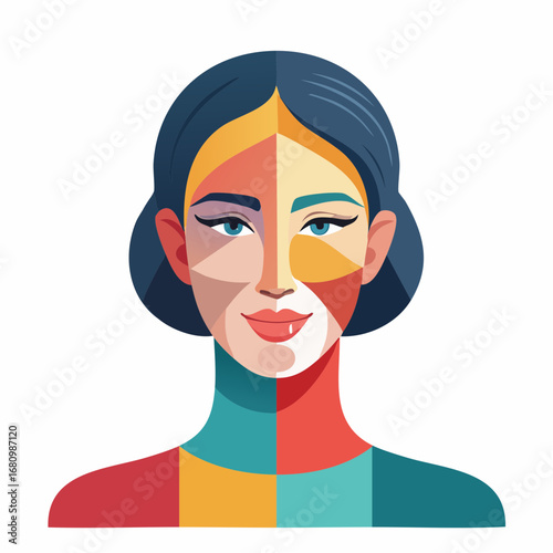 Colorful abstract portrait of a woman's face representing diversity and unique identity in a modern geometric style