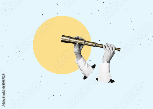 Flat design Illustration. Hands holds telescope or binoculars. Searching for information on the internet concept.