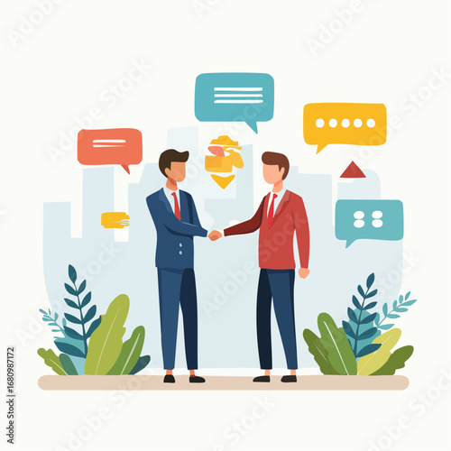 Two businessmen shaking hands, signifying a successful deal or partnership, amidst cityscape and communication bubbles.