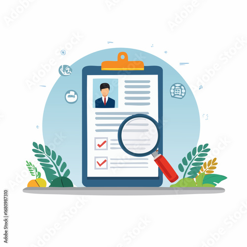 Resume review, job application scrutiny, magnifying glass detail, candidate profile assessment.