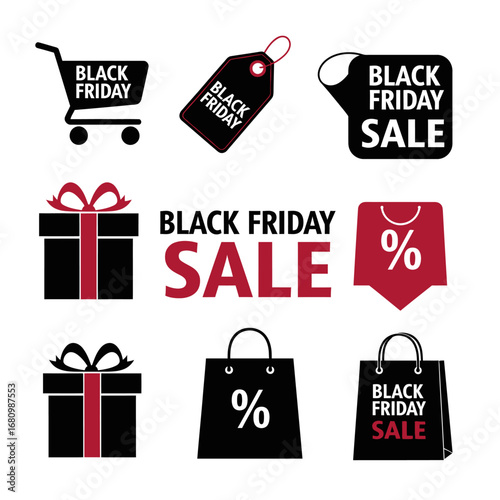 Black Friday sale icons, including shopping cart, gift boxes, tags, and shopping bags.