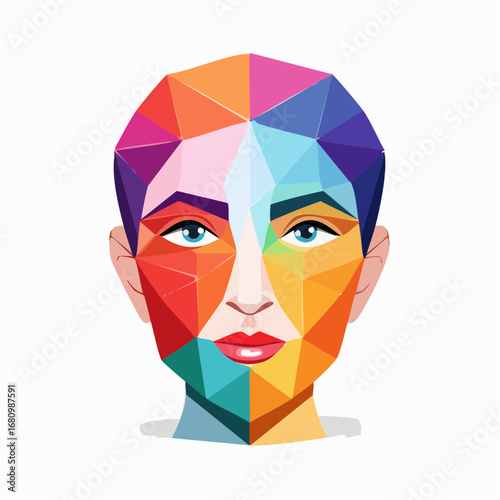 Conceptual vector illustration of a beautiful human face with a rainbow of geometric facets
