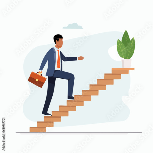 Ambitious businessman ascends a staircase, briefcase in hand, towards success and growth.
