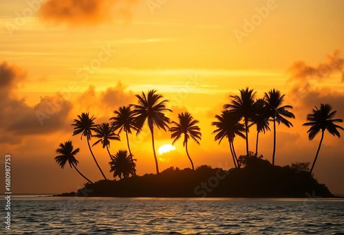 Silhouetted palm trees on a yellow tropical island at sunset, shrouded in fog and clouds,  misty, tropical island