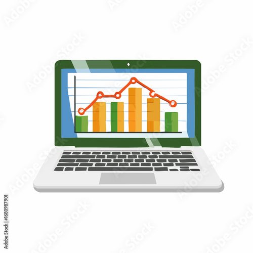 Laptop displaying a bar and line graph showing fluctuating data trends.