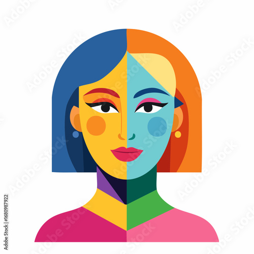 Creative abstract portrait of a multifaceted woman depicted with bold, vibrant colors and geometric shapes, representing modern identity and duality