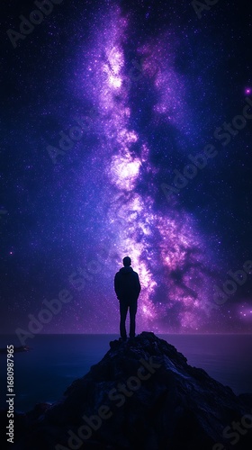 Silhouette of a person standing underneath the purple and blue starry night sky