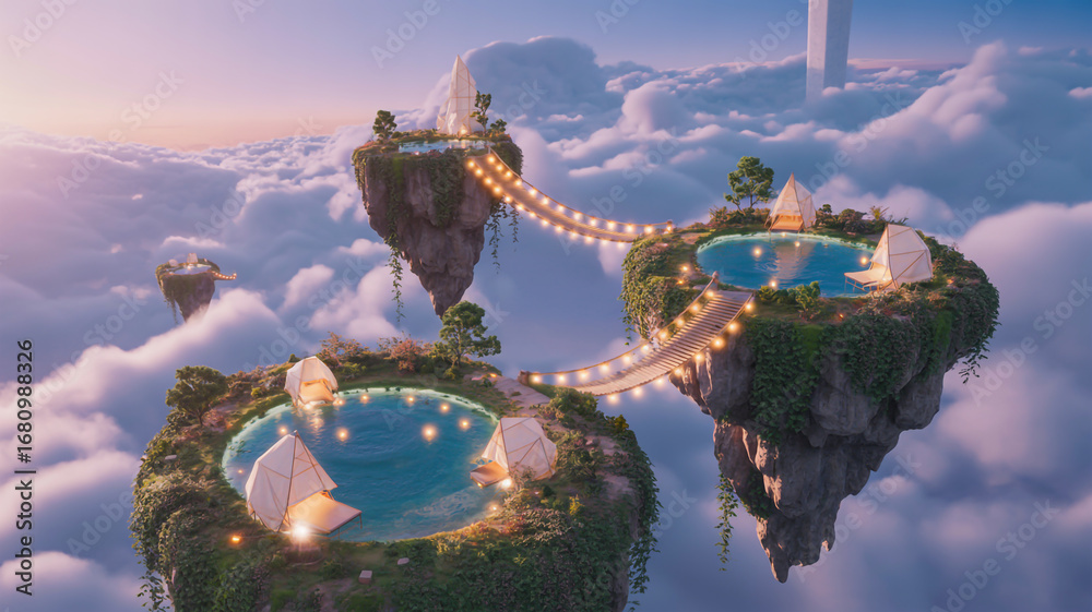 Obraz premium Dreamy floating islands in the sky with cozy houses, connected by bridges, surrounded by fluffy clouds at sunset, creating a fantasy landscape