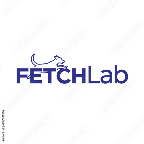 Crisp modern logo of FETCHLab in bold blue featuring a leaping canine silhouette above pure clean
