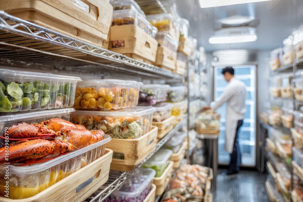 Fototapeta premium cold room interior with lobster and shellfish containers