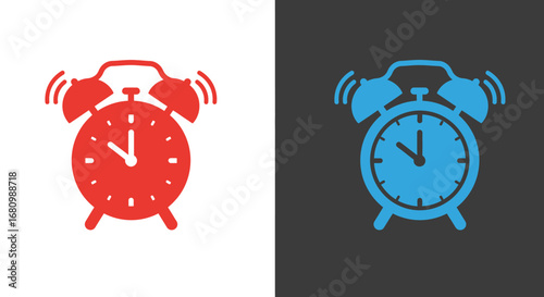 Retro twin bell alarm clock icons in red and blue displaying time on white and dark backgrounds