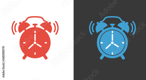 Two retro alarm clocks one red on white and one blue on dark ringing loudly to wake up