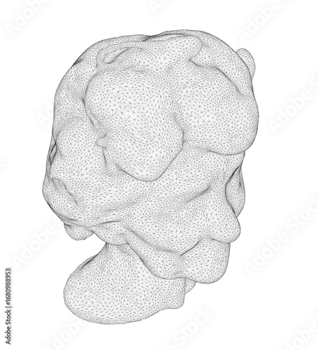 Stylized wireframe granny head composed of intricate lines and shapes on a white background.