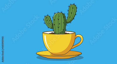 A vibrant green cactus in a bright yellow coffee cup with a matching saucer against a solid blue background