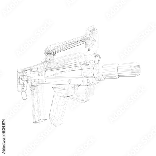 Assault rifle 3D wireframe model on white background, featuring realistic details and clean lines for design projects.