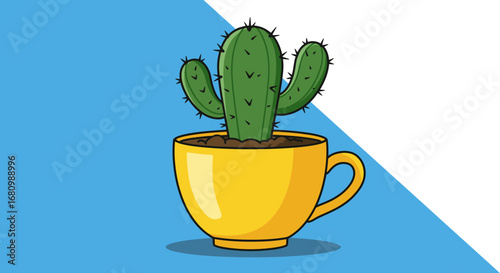 A vibrant green potted cactus with spiky needles sits in a bright yellow coffee mug on a blue and white background