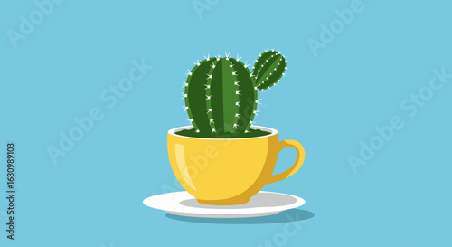 A vibrant green cactus thrives in a cheerful yellow coffee mug on a white saucer against a bright blue background