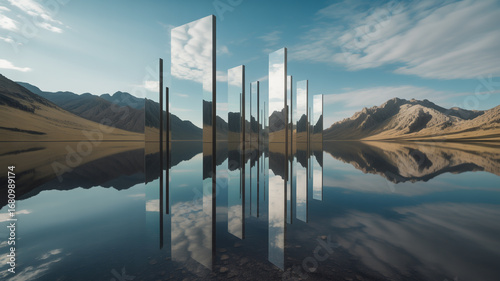 Abstract landscape with mirror structures reflecting the sky and mountains, creating a surreal and modern scene of nature and architecture