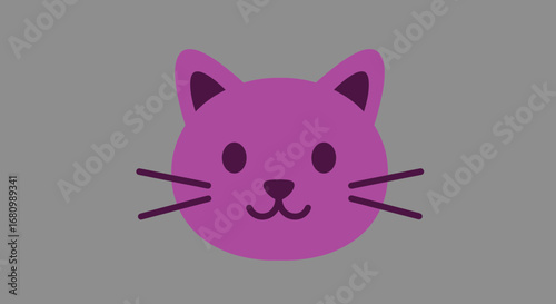 Cute cartoon pink cat face with whiskers and pointy ears on a simple grey background