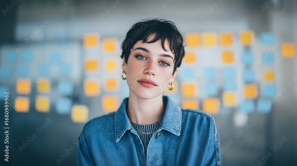 Obraz premium Young caucasian businesswoman in office portrait image. Pretty short haired female entrepreneur against task board photography human scene. Corporate career concept photo-realistic
