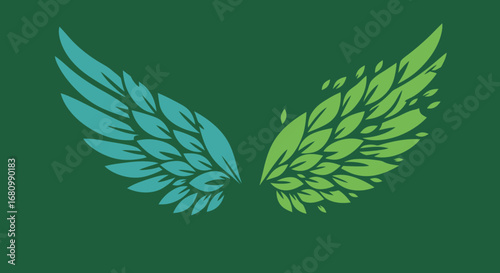 Stylized angel wings symbolizing nature and growth in teal and green hues against a dark green background