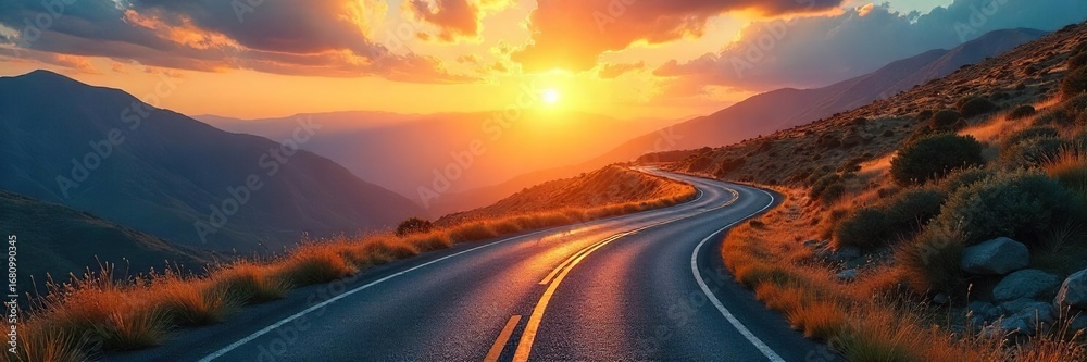 Fototapeta premium A winding road stretching towards a bright horizon, symbolizing the journey of a career path, full of opportunities and challenges ahead , advancement, journey