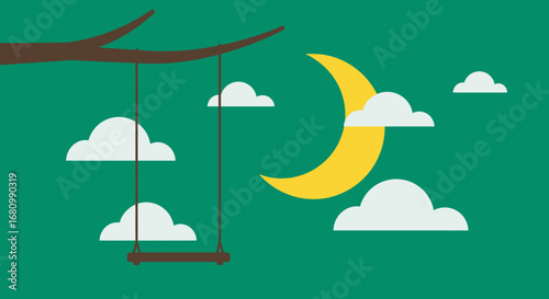 Whimsical crescent moon and clouds with a hanging swing under a tree branch at night