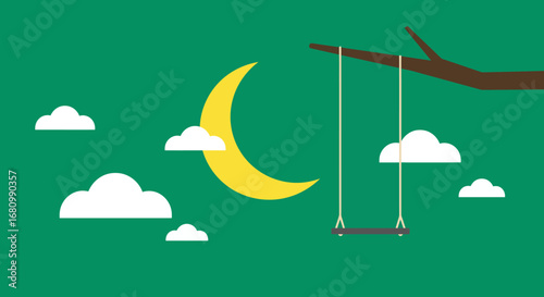 Whimsical crescent moon and fluffy clouds float beside a solitary swing hanging from a tree branch at night