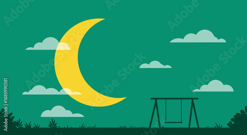 Serene crescent moon illuminates a quiet park with a lone swing set under a cloudy night sky