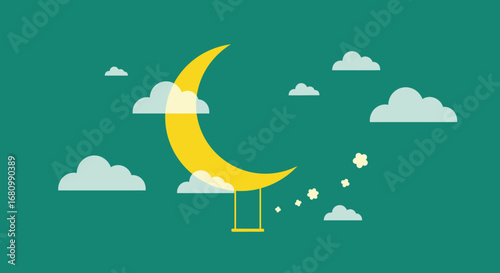 Whimsical crescent moon with a swing hanging from it set against a teal sky with fluffy clouds