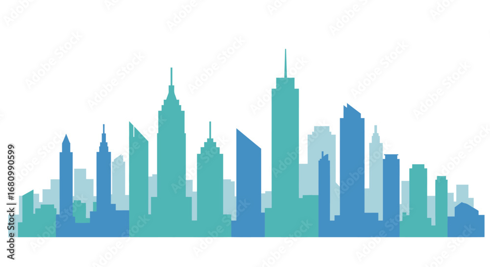 Naklejka premium Modern cityscape silhouette with tall buildings in shades of blue and teal against a white background
