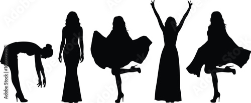 Woman silhouette poses, female figure, elegant dress vector, graceful posture illustration, high heels stance, dance motion silhouette,