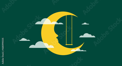 Whimsical crescent moon with a human face and a swing hanging in the night sky with clouds