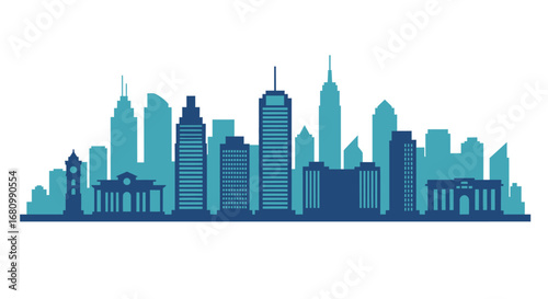 Modern city skyline silhouette with tall buildings and classic architecture in blue and teal tones