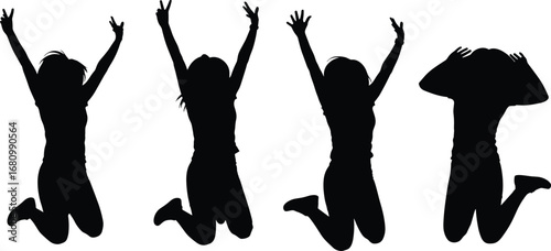 Jumping woman silhouette vector, female figure, celebration pose, hands up illustration, excited posture, emotion vector, energetic movement,