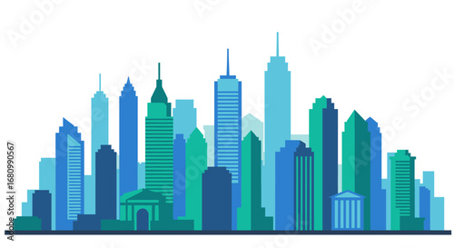 Modern city skyline with diverse skyscrapers in shades of blue and green against a white background