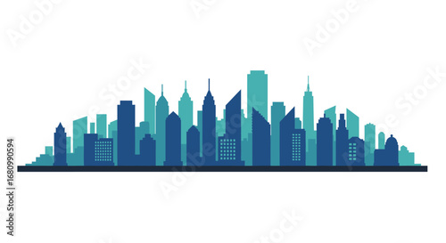 Modern city skyline silhouette with a gradient of blue and teal skyscrapers against a white background