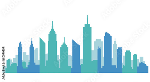 Modern cityscape silhouette with tall buildings in shades of blue and teal against a white background