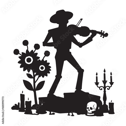 Slika na platnu Silhouette of El Mariachi skeleton musician playing the violin during the Day of the Dead