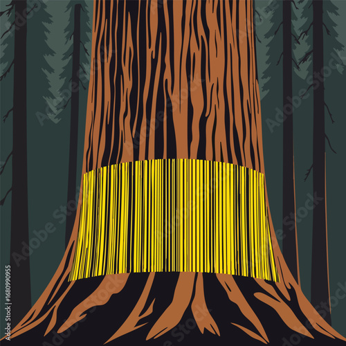 The trunk of a giant  ancient redwood tree is wrapped in a massive barcode instead of bark. Flat vector art  minimalist  high contrast.