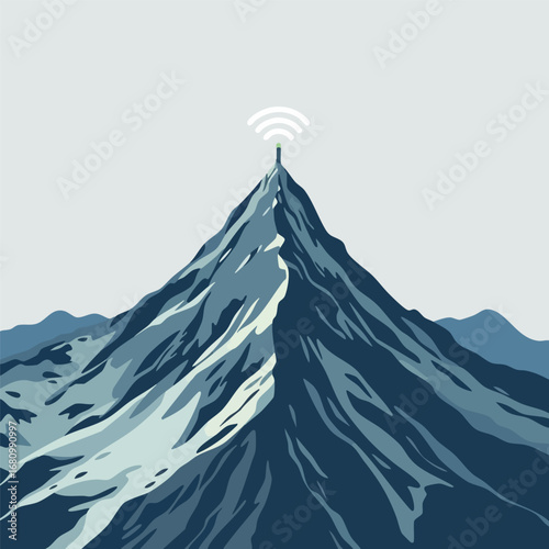 The majestic peak of a mountain is pierced by a single Wi-Fi router  its small green light the only sign of technology. Graphic illustration  clean shapes.