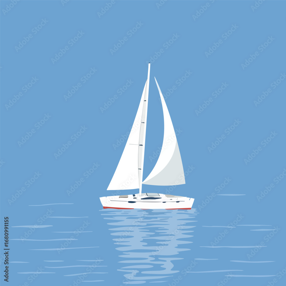 Fototapeta premium A sailboat on a calm sea. Its sail is not cloth but a large efficient solar panel. Graphic illustration limited color palette of blues and whites.