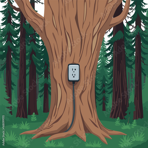 A single power outlet is set into the trunk of a giant  ancient tree in a pristine forest. Graphic illustration  clean shapes.