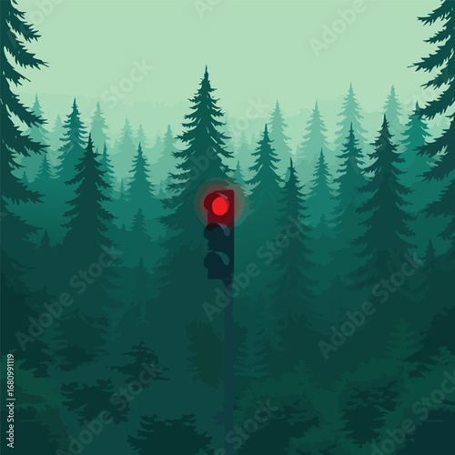 A single  three-light traffic light stands alone in a dense  green forest  its red light glowing eerily. Graphic illustration  surreal.