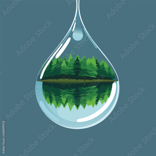 A single drop of clean water falls. Inside the drop is a reflection of a perfect  green forest. Graphic illustration  clean defined shapes  limited color palette.