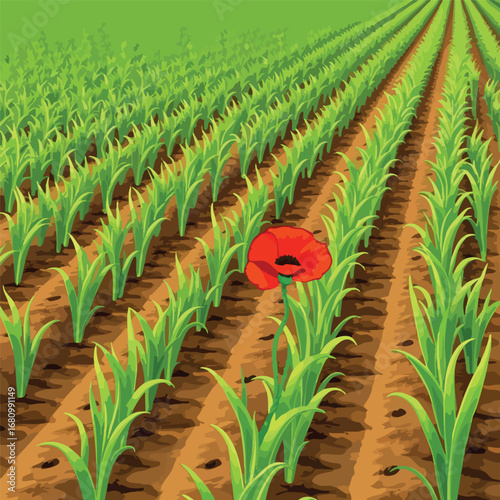 An endless field of corn is planted in perfect  unnatural rows  with one single  wild red poppy growing defiantly in the middle. Flat vector art.