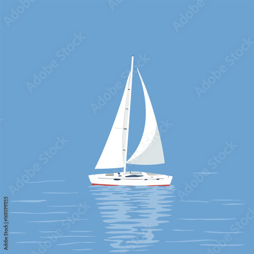 A sailboat on a calm sea. Its sail is not cloth  but a large  efficient solar panel. Graphic illustration  limited color palette of blues and whites.