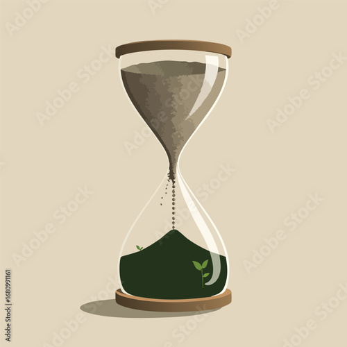 A minimalist hourglass. The sand falling from the top is gray and polluted  but as it collects in the bottom  it becomes green  fertile soil. Graphic illustration  conceptual.