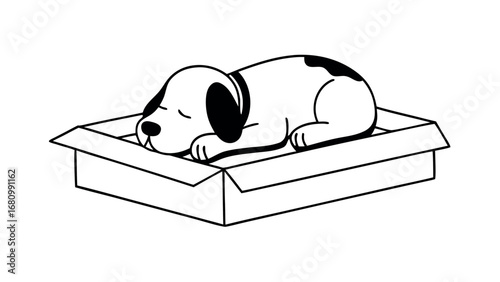 Adorable puppy sleeps peacefully in cozy cardboard box bed