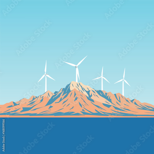 A mountain range is shown on the horizon. The peaks are not rock  but are shaped like the clean  white blades of wind turbines. Graphic illustration  limited color palette.
